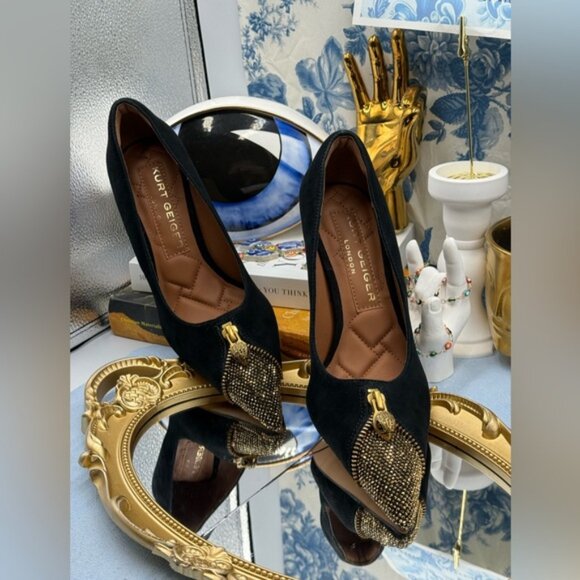 🆕 KURT GEIGER LONDON 🧿 NWOB Zip Court Heel, Black Suede & Gold Crystal Sz 37 7 - Picture 5 of 16